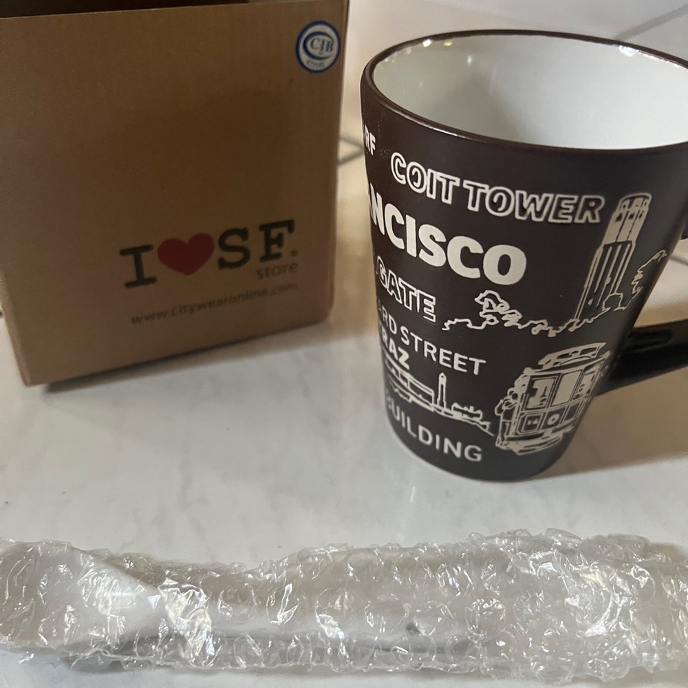 BRAND NEW San Francisco Brown Mug White Spoon Set